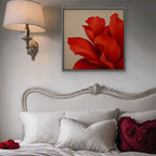 Red Silk Bloom Canvas Art - Square – Silver Floating Frame in room setting