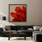 Red Silk Bloom Canvas Art - Square – Walnut Floating Frame in room setting