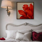 Red Silk Bloom Canvas Art - Square – Walnut Floating Frame in room setting