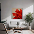 Red Silk Bloom Canvas Art - Square – White Floating Frame in room setting