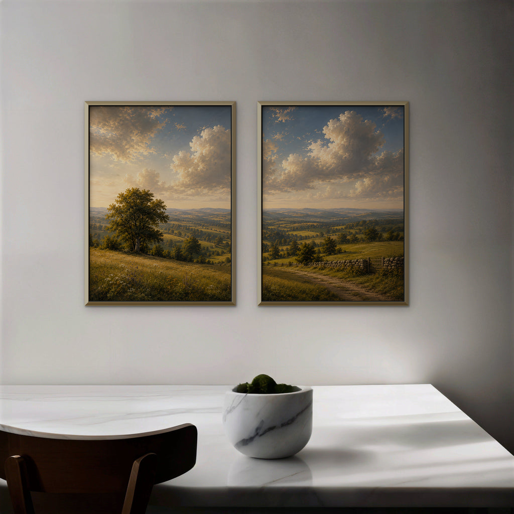 Rolling Countryside Canvas Art - Set of 2 – Gold Floating Frame in room setting