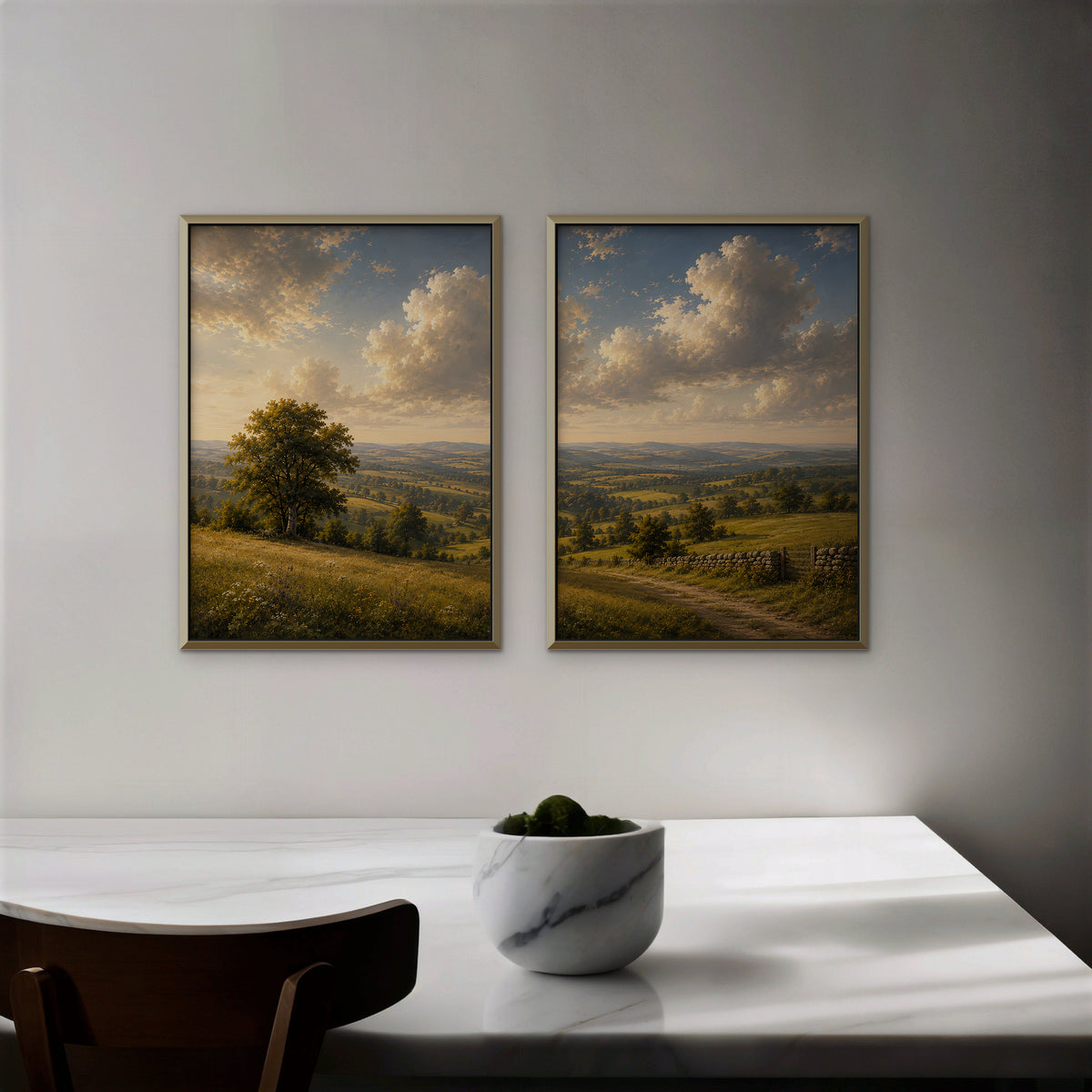 Rolling Countryside Canvas Art - Set of 2 – Gold Floating Frame in room setting
