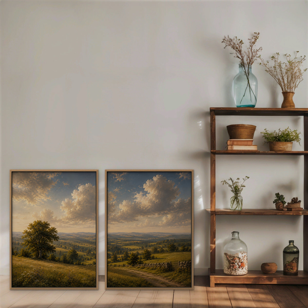 Rolling Countryside Canvas Art - Set of 2 – Oak Floating Frame in room setting