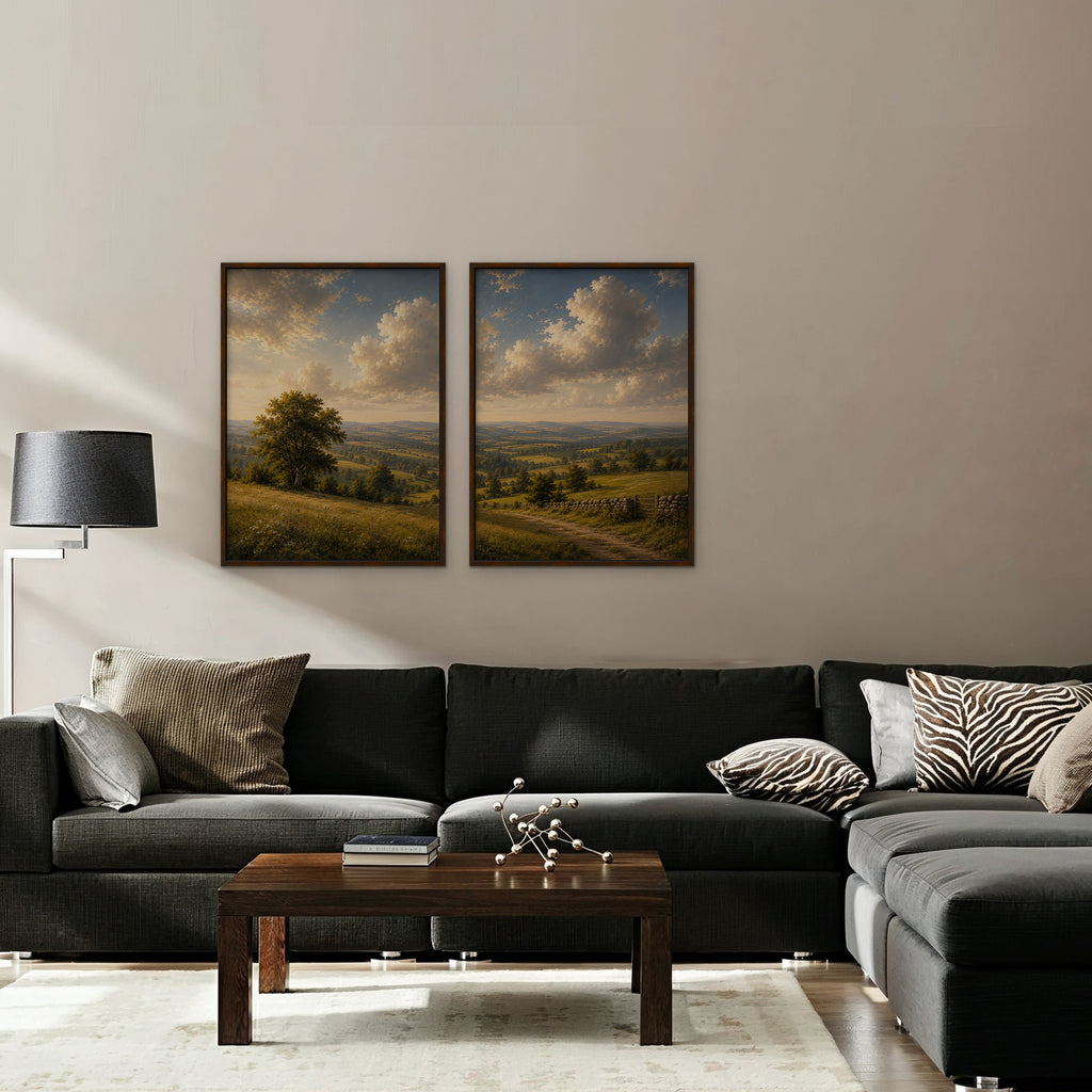 Rolling Countryside Canvas Art - Set of 2 – Walnut Floating Frame in room setting