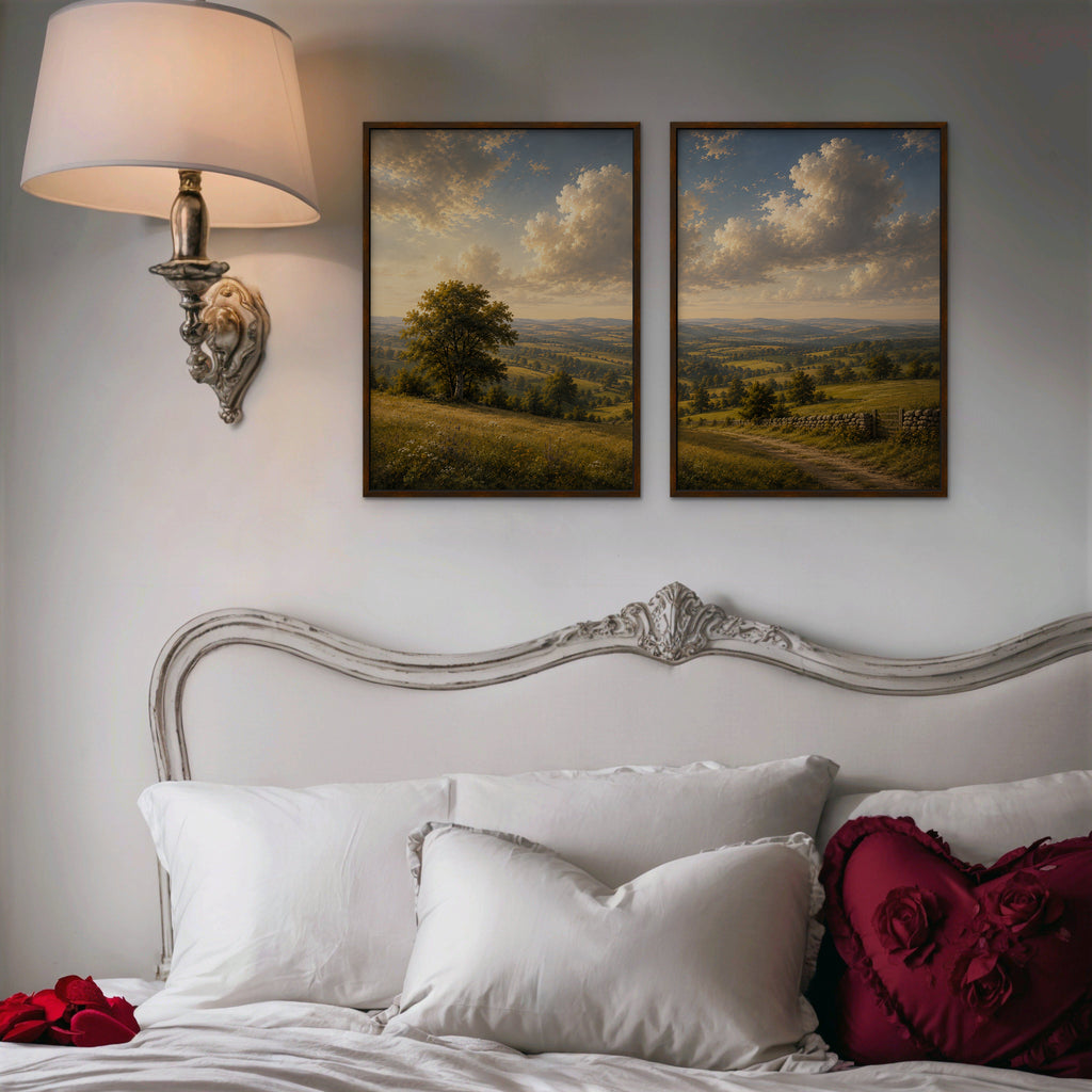 Rolling Countryside Canvas Art - Set of 2 – Walnut Floating Frame in room setting