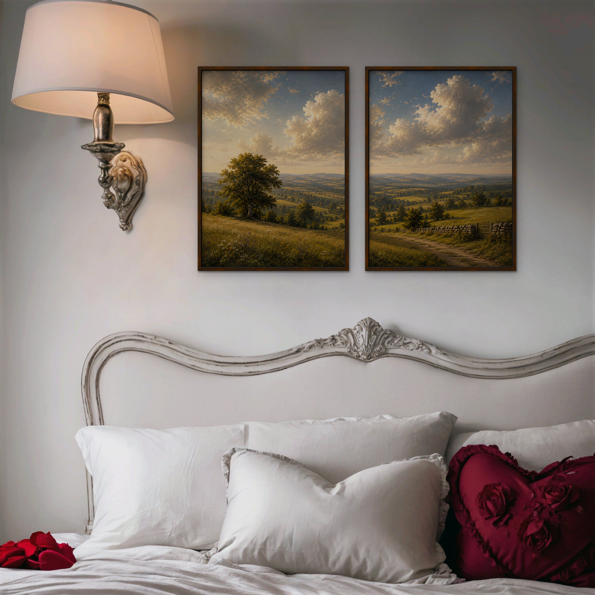 Rolling Countryside Canvas Art - Set of 2 – Walnut Floating Frame in room setting