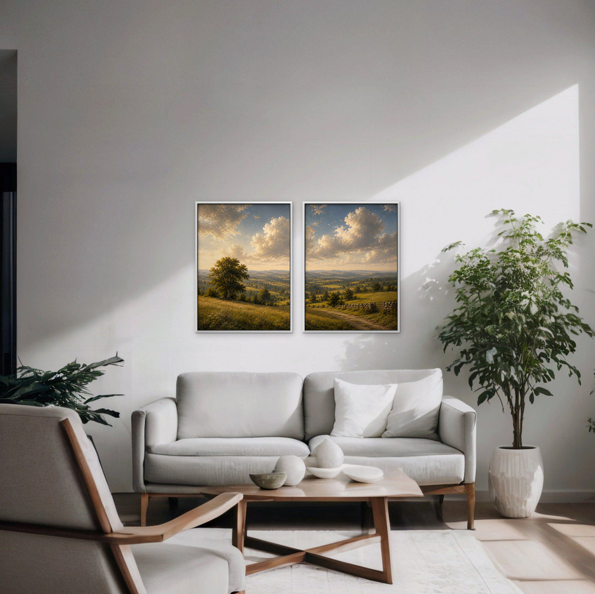 Rolling Countryside Canvas Art - Set of 2 – White Floating Frame in room setting