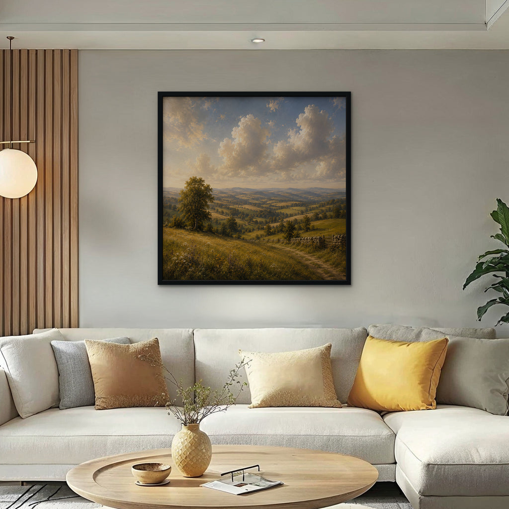 Rolling Countryside Canvas Art - Square – Black Floating Frame in room setting
