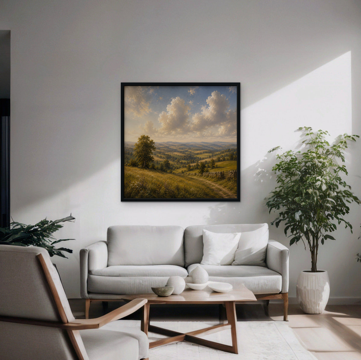 Rolling Countryside Canvas Art - Square – Black Floating Frame in room setting