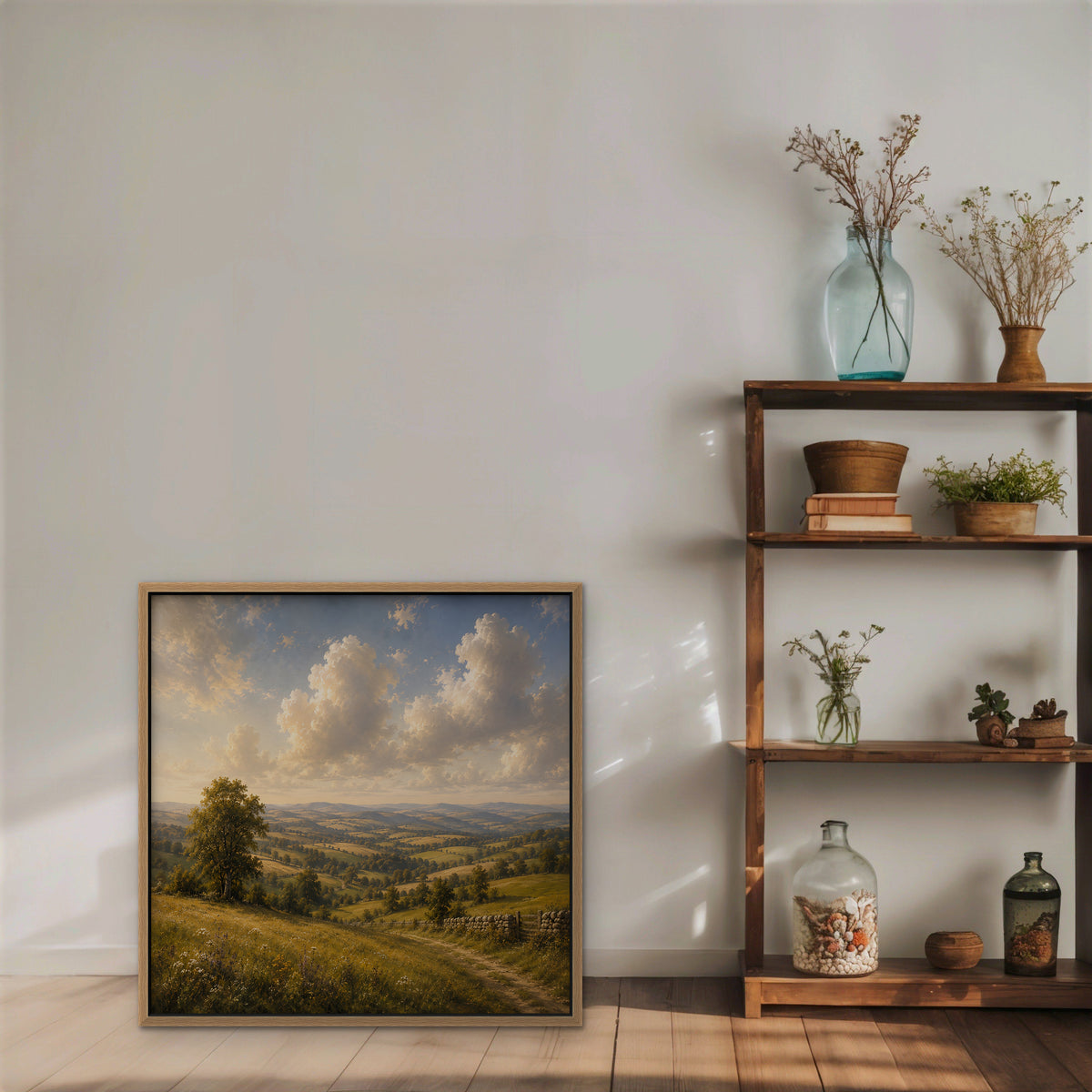 Rolling Countryside Canvas Art - Square – Oak Floating Frame in room setting