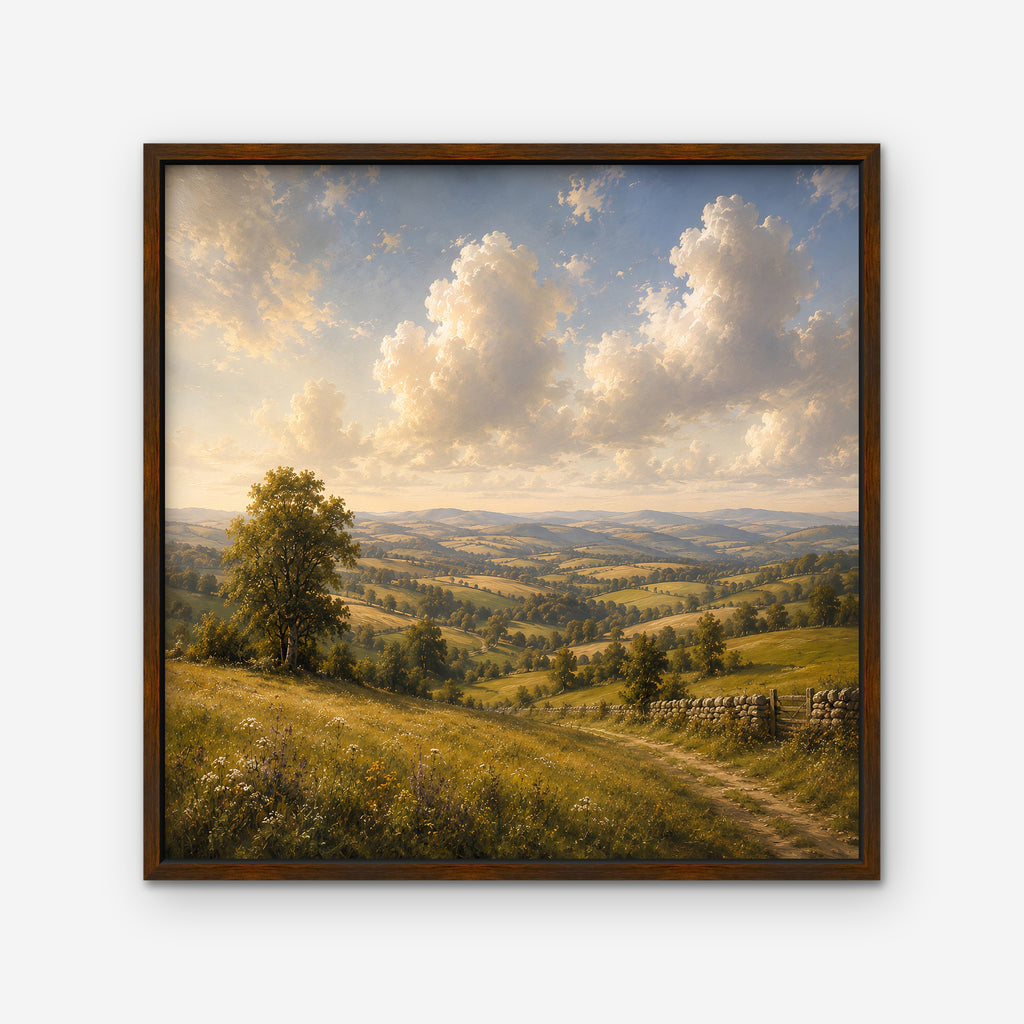 Rolling Countryside Canvas Art - Square – Walnut Floating Frame on white background