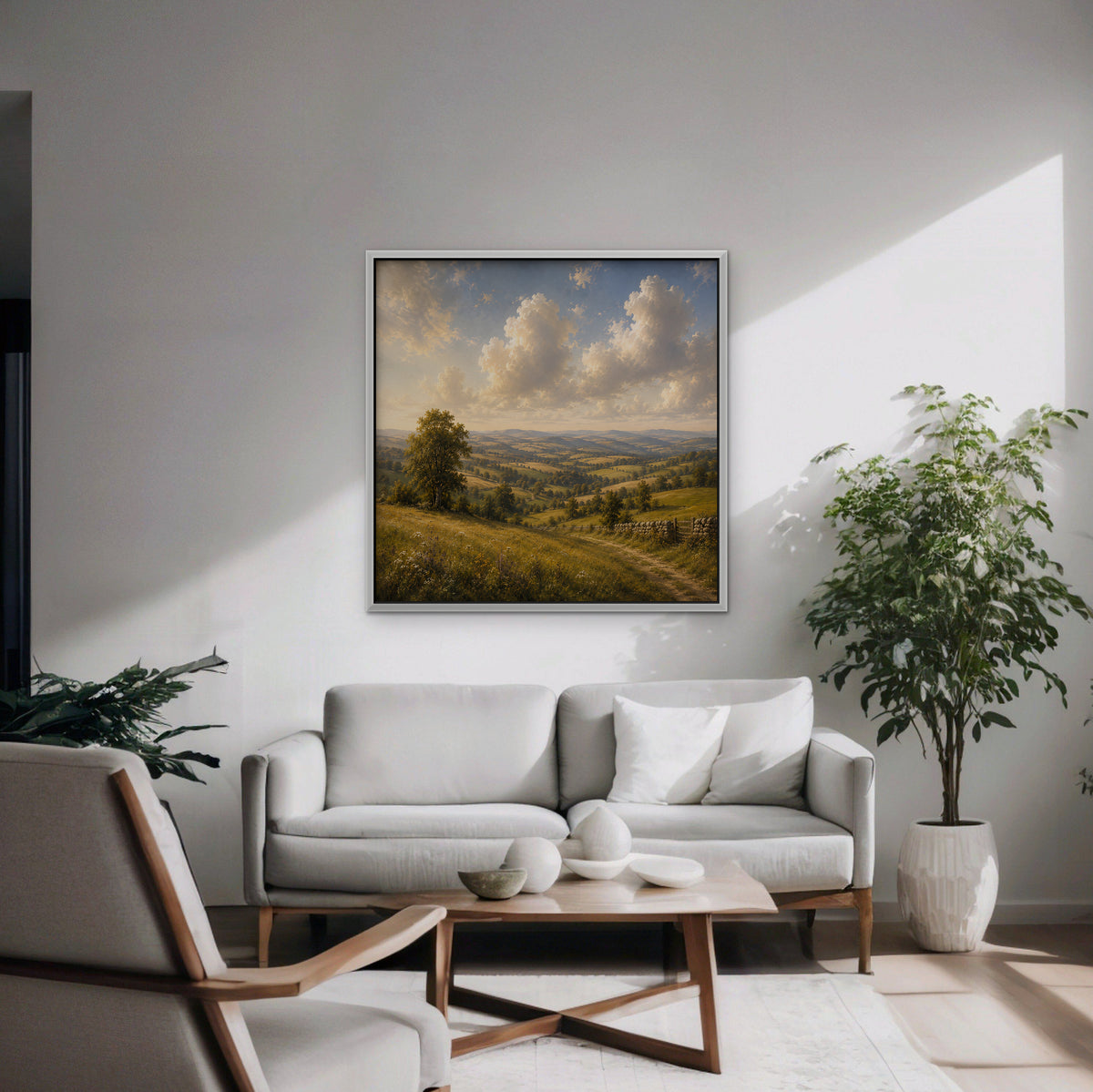 Rolling Countryside Canvas Art - Square – White Floating Frame in room setting