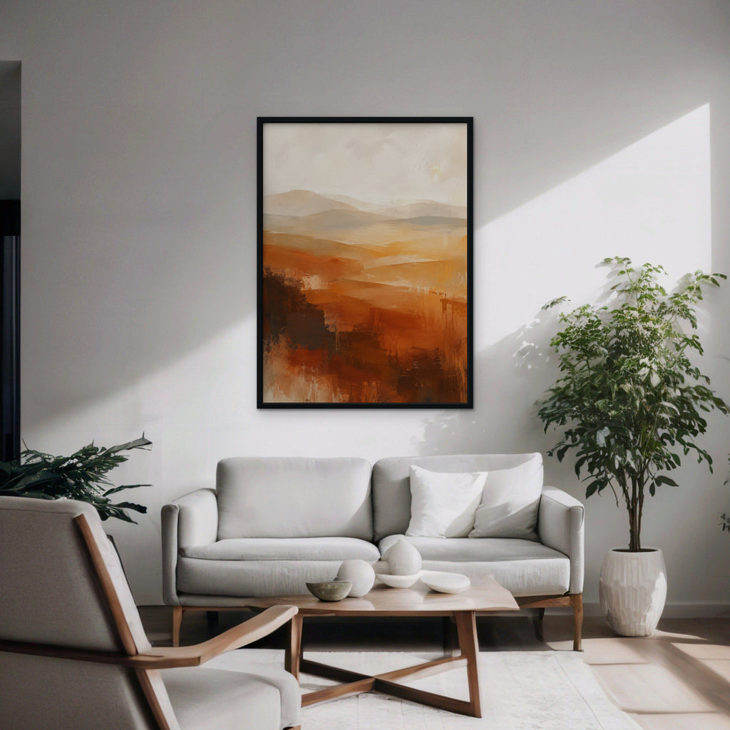Rust Hills at Dusk Canvas Art – vertical rust and ochre abstract landscape print in a black floating frame in a modern living room