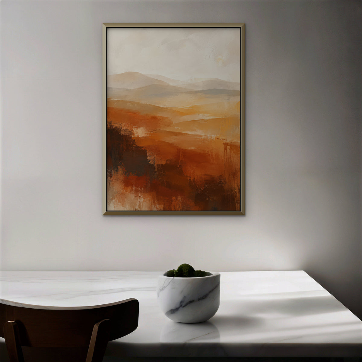 Rust Hills at Dusk Canvas Art – vertical rust and ochre abstract landscape print in a gold floating frame in a dining room