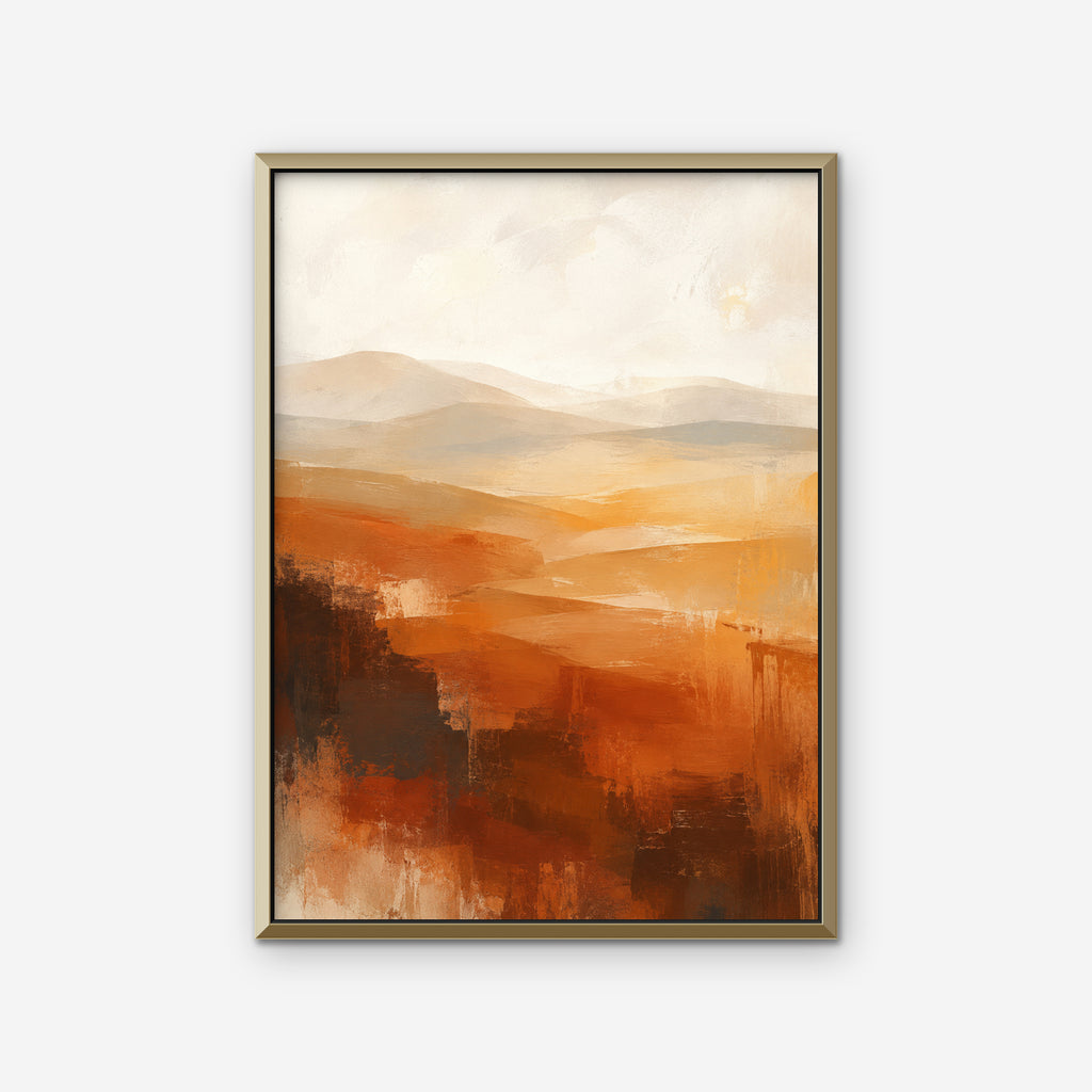 Rust Hills at Dusk Canvas Art – vertical rust and ochre abstract landscape print in a gold floating frame on a white background