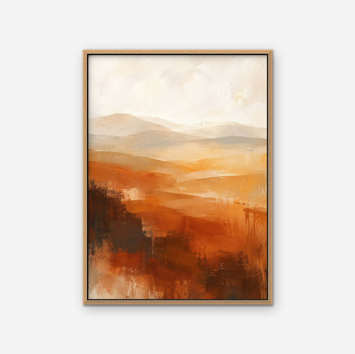 Rust Hills at Dusk Canvas Art – vertical rust and ochre abstract landscape print in an oak floating frame on a white background
