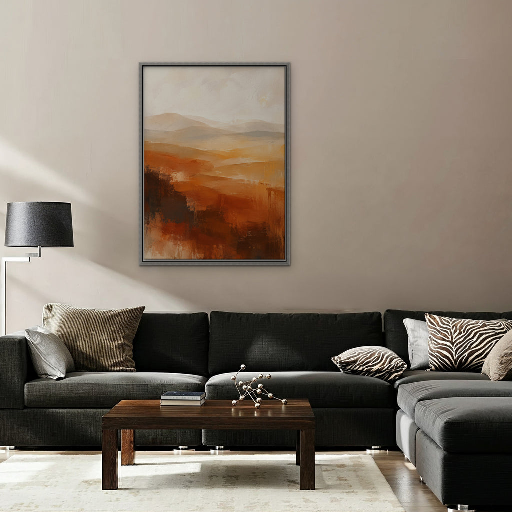 Rust Hills at Dusk Canvas Art - Vertical – Silver Floating Frame in room setting