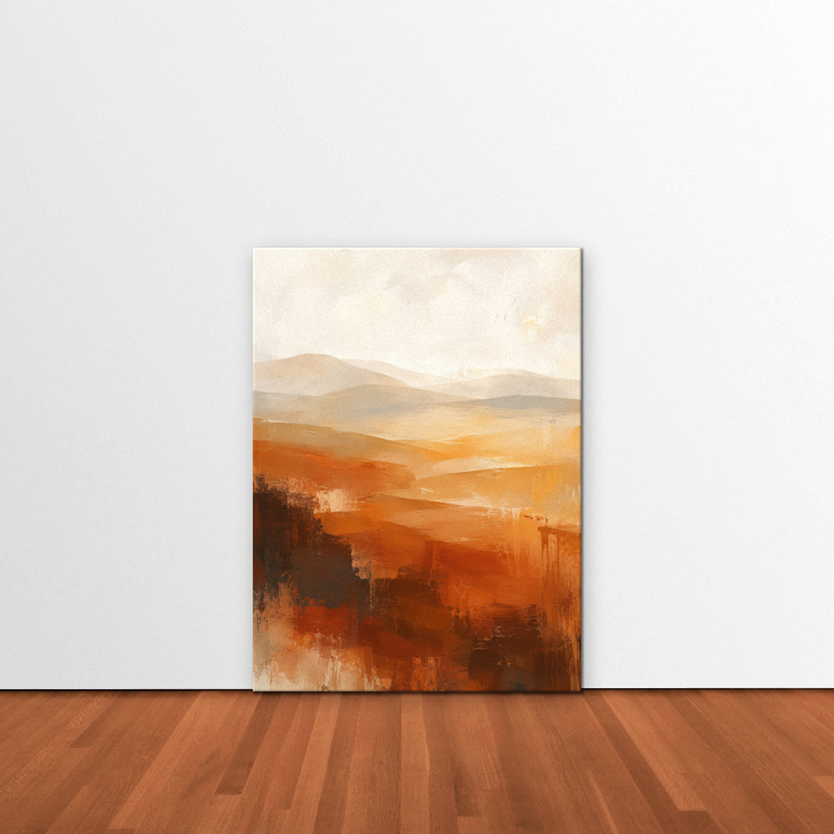 Rust Hills at Dusk Canvas Art – vertical rust and ochre abstract landscape print as a gallery-wrapped canvas leaning against a white wall