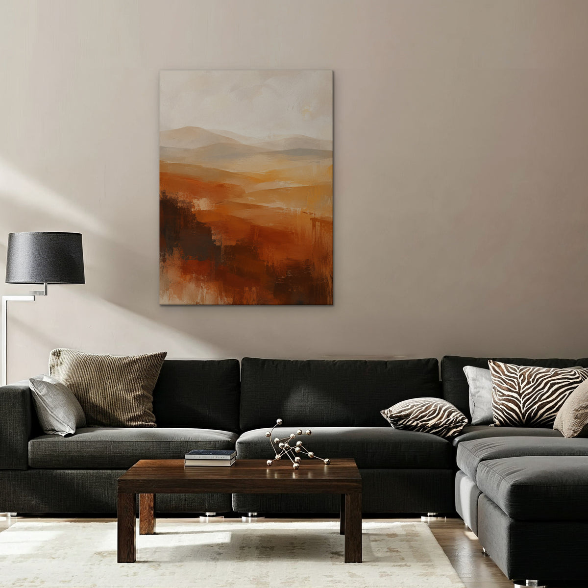 Rust Hills at Dusk Canvas Art – vertical rust and ochre abstract landscape print as a gallery-wrapped canvas in a taupe living room