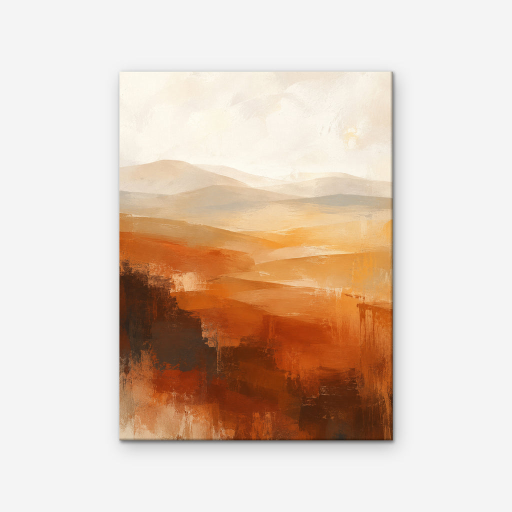 Rust Hills at Dusk Canvas Art – vertical rust and ochre abstract landscape print as a gallery-wrapped canvas on a white background
