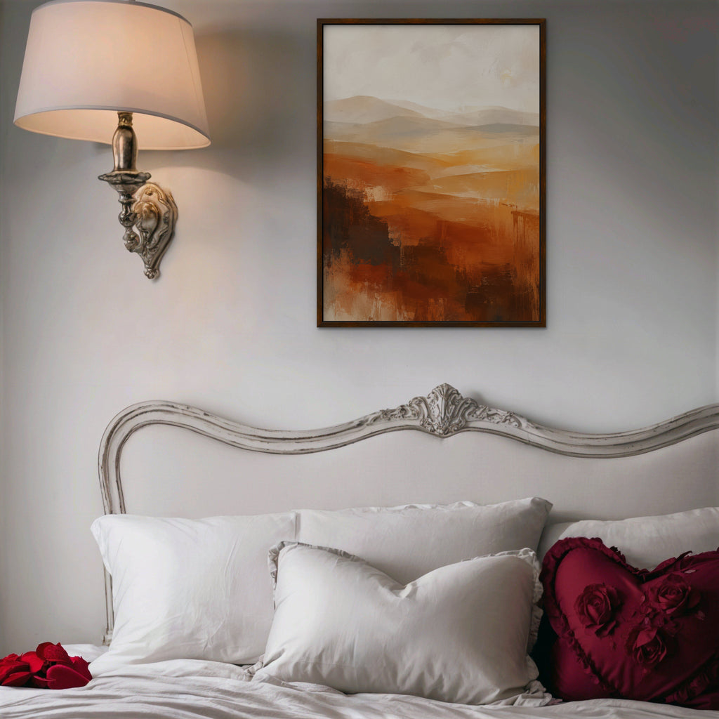 Rust Hills at Dusk Canvas Art – vertical rust and ochre abstract landscape print in a walnut floating frame in a bedroom