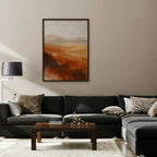 Rust Hills at Dusk Canvas Art – vertical rust and ochre abstract landscape print in a walnut floating frame in a taupe living room