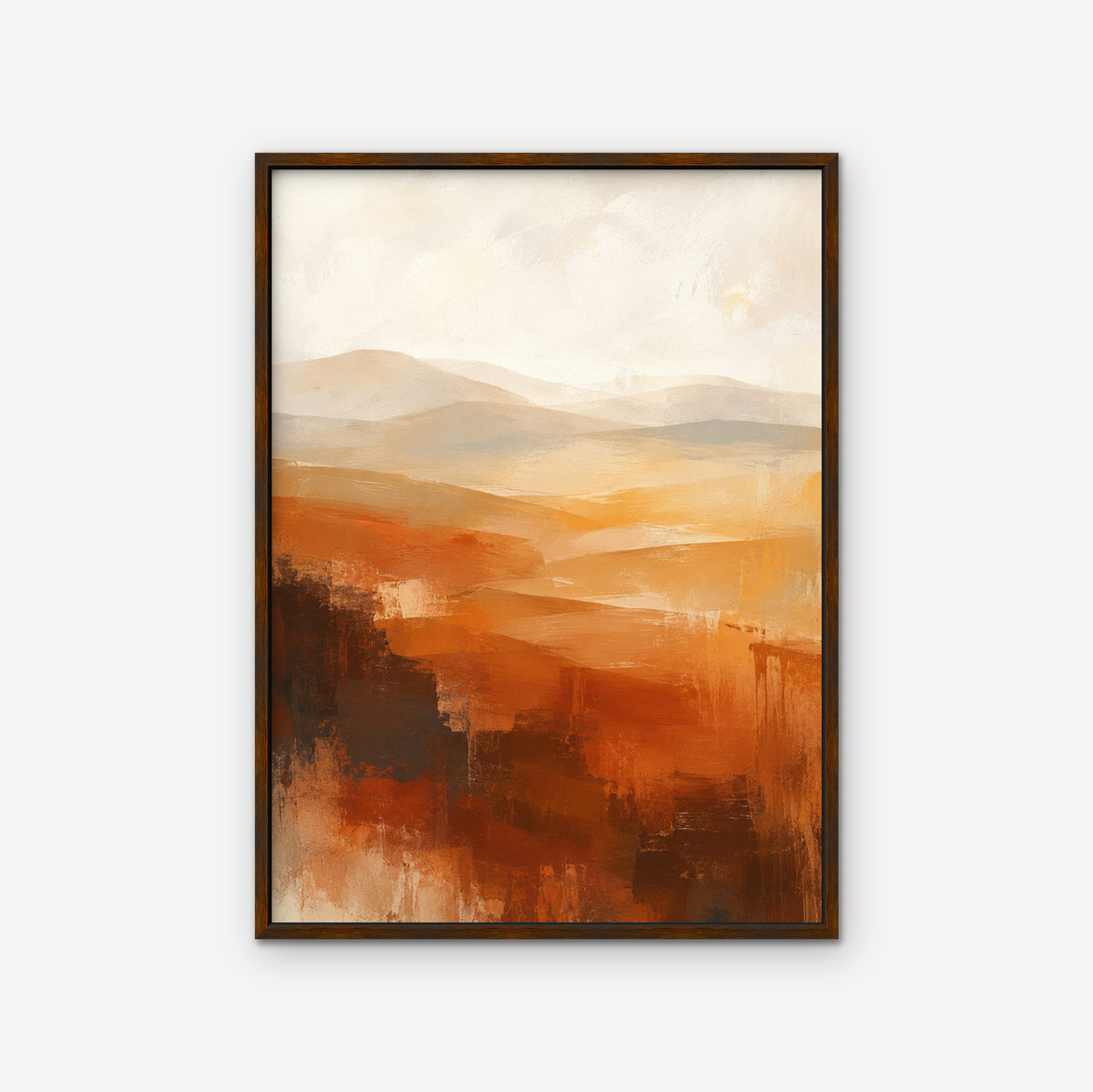 Rust Hills at Dusk Canvas Art – vertical rust and ochre abstract landscape print in a walnut floating frame on a white background