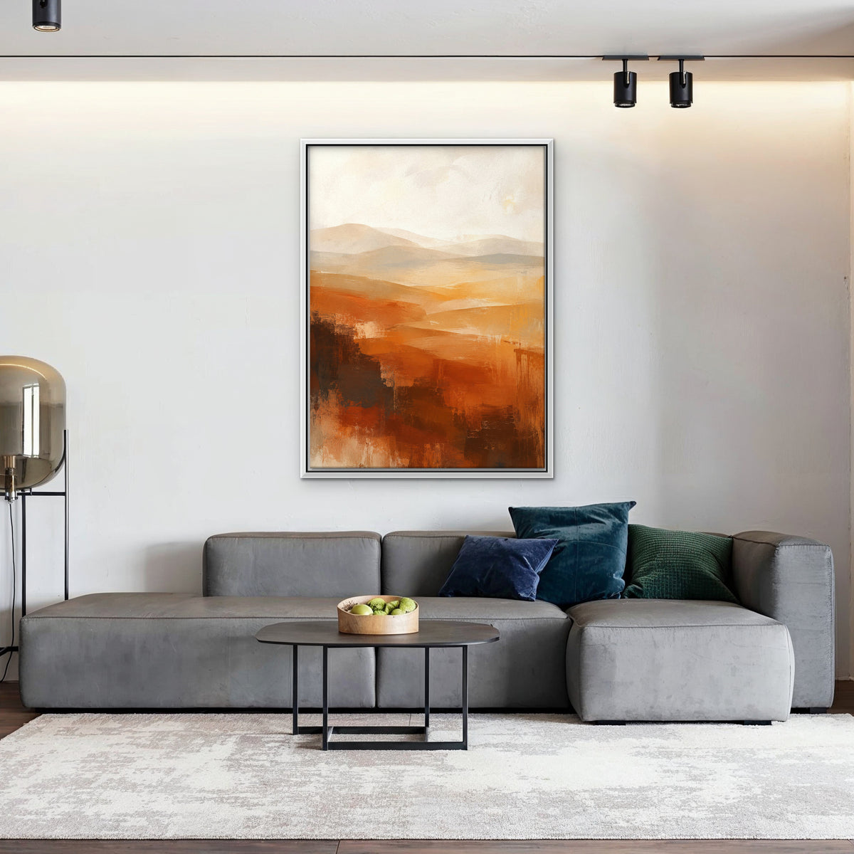 Rust Hills at Dusk Canvas Art - Vertical – White Floating Frame in room setting
