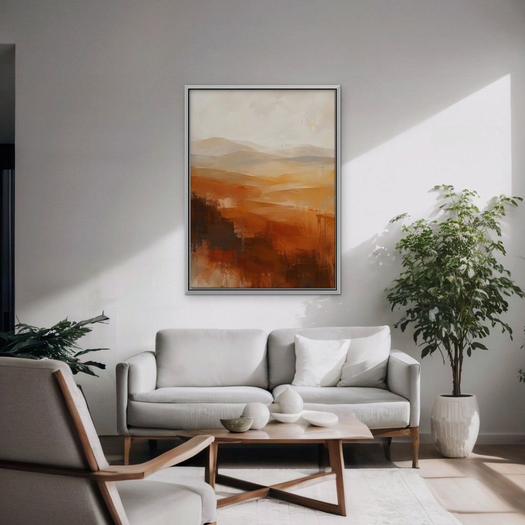 Rust Hills at Dusk Canvas Art - Vertical – White Floating Frame in room setting