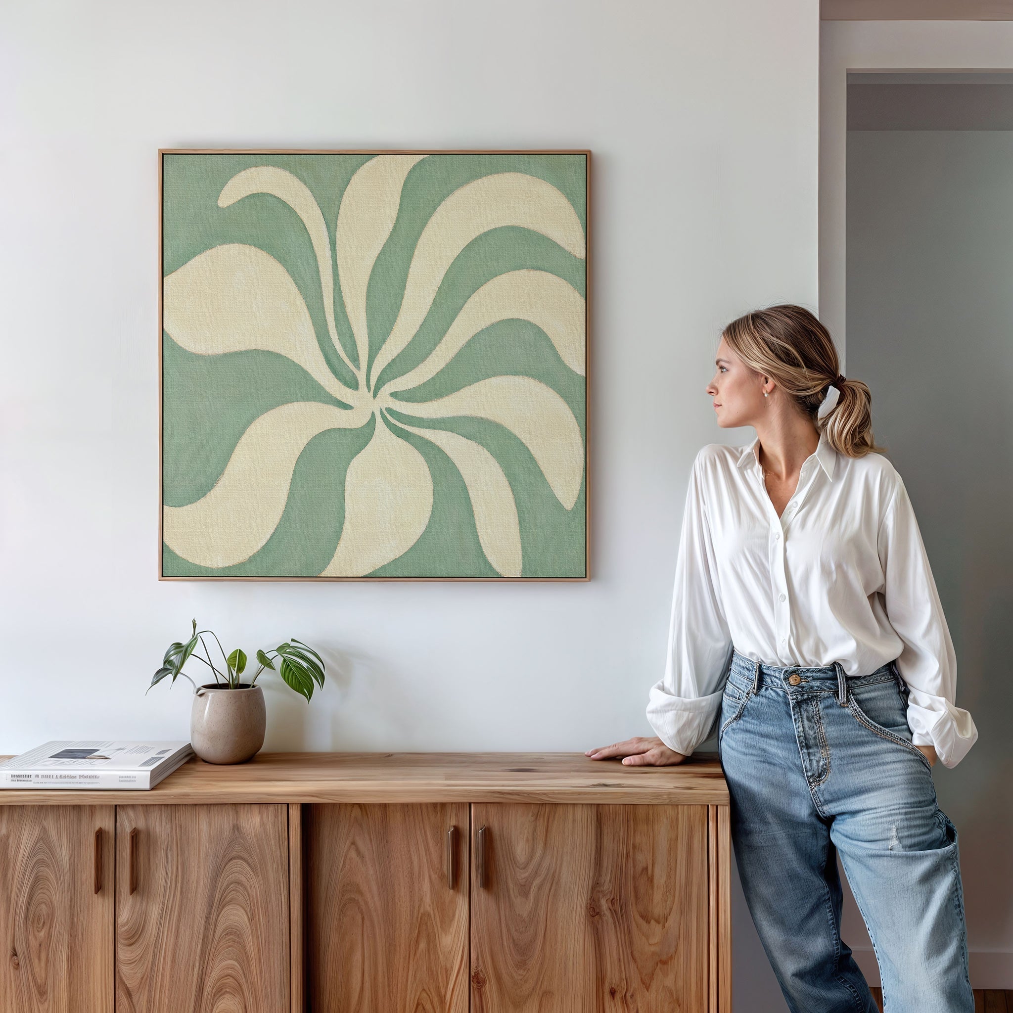 Whispering Petals in Sage – green botanical canvas wall art print by Aspire Prints
