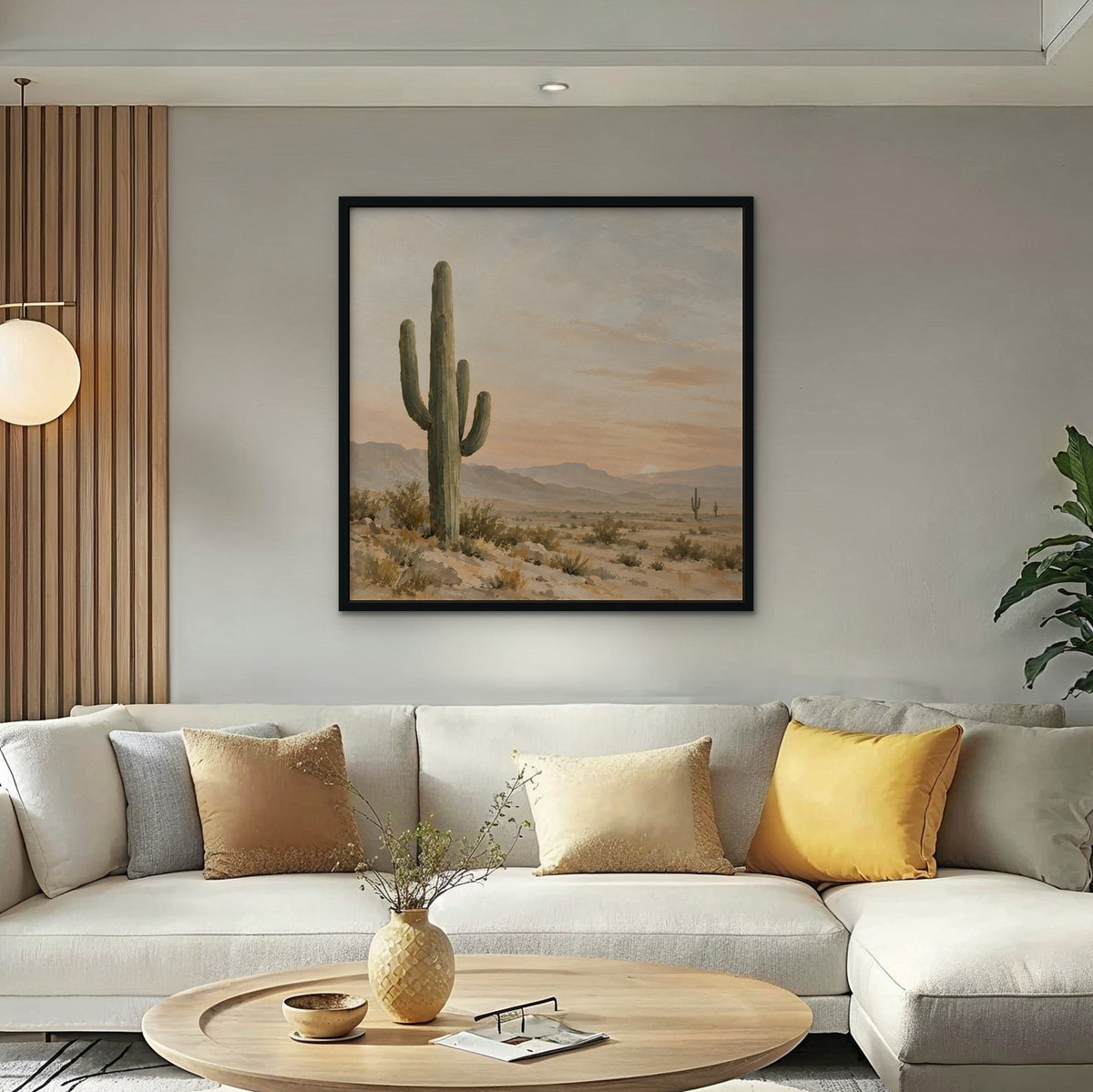 Saguaro Sunset Canvas Art - Square – Black Floating Frame in room setting