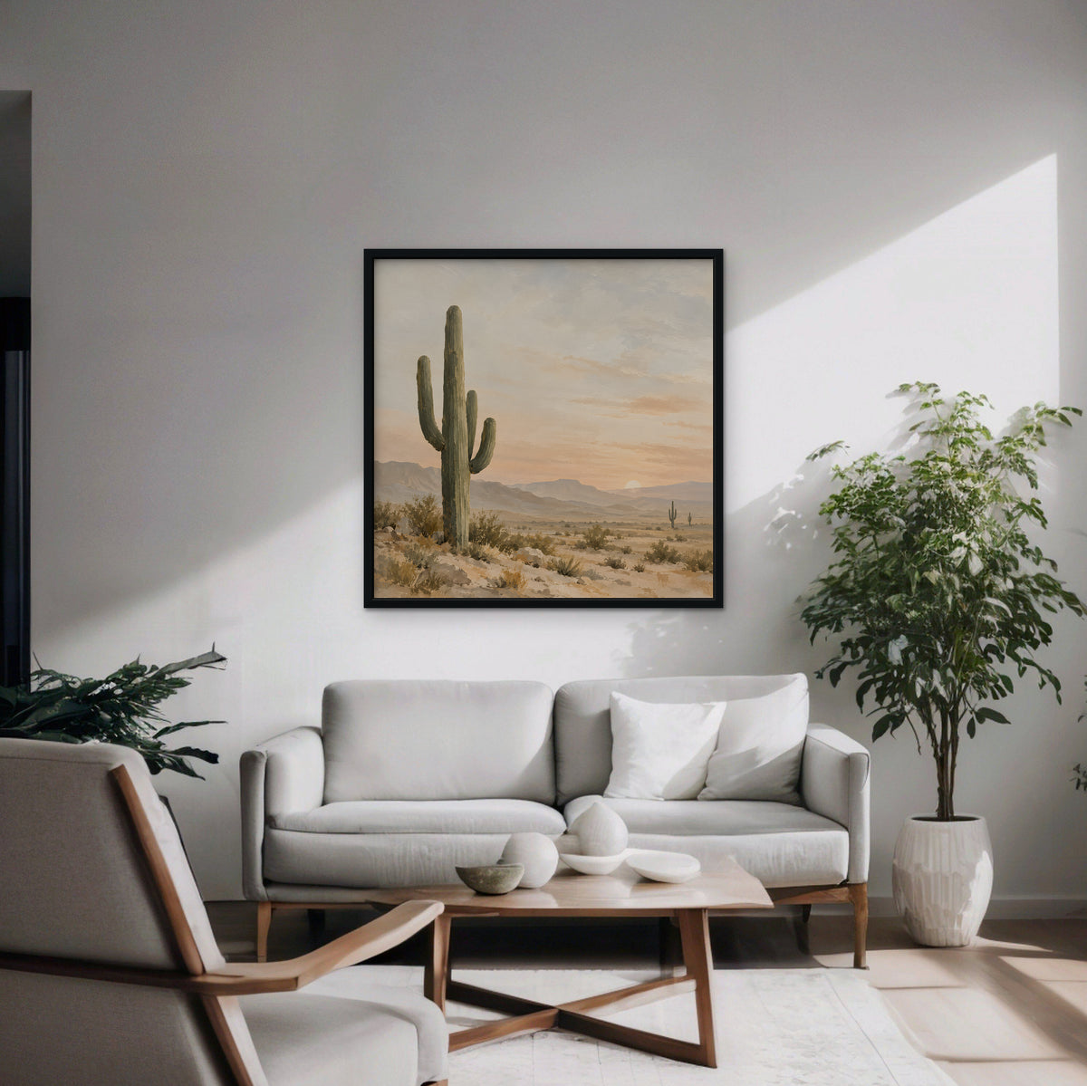 Saguaro Sunset Canvas Art - Square – Black Floating Frame in room setting