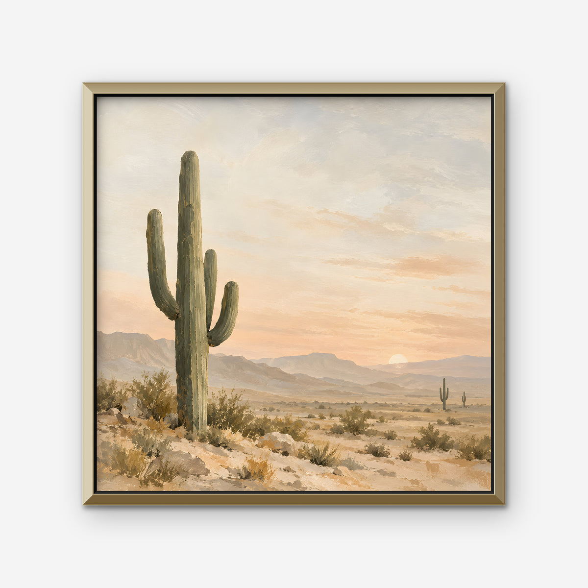Saguaro Sunset Canvas Art - Square – Gold Floating Frame on white background