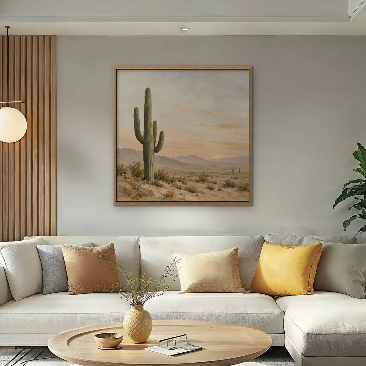 Saguaro Sunset Canvas Art - Square – Oak Floating Frame in room setting
