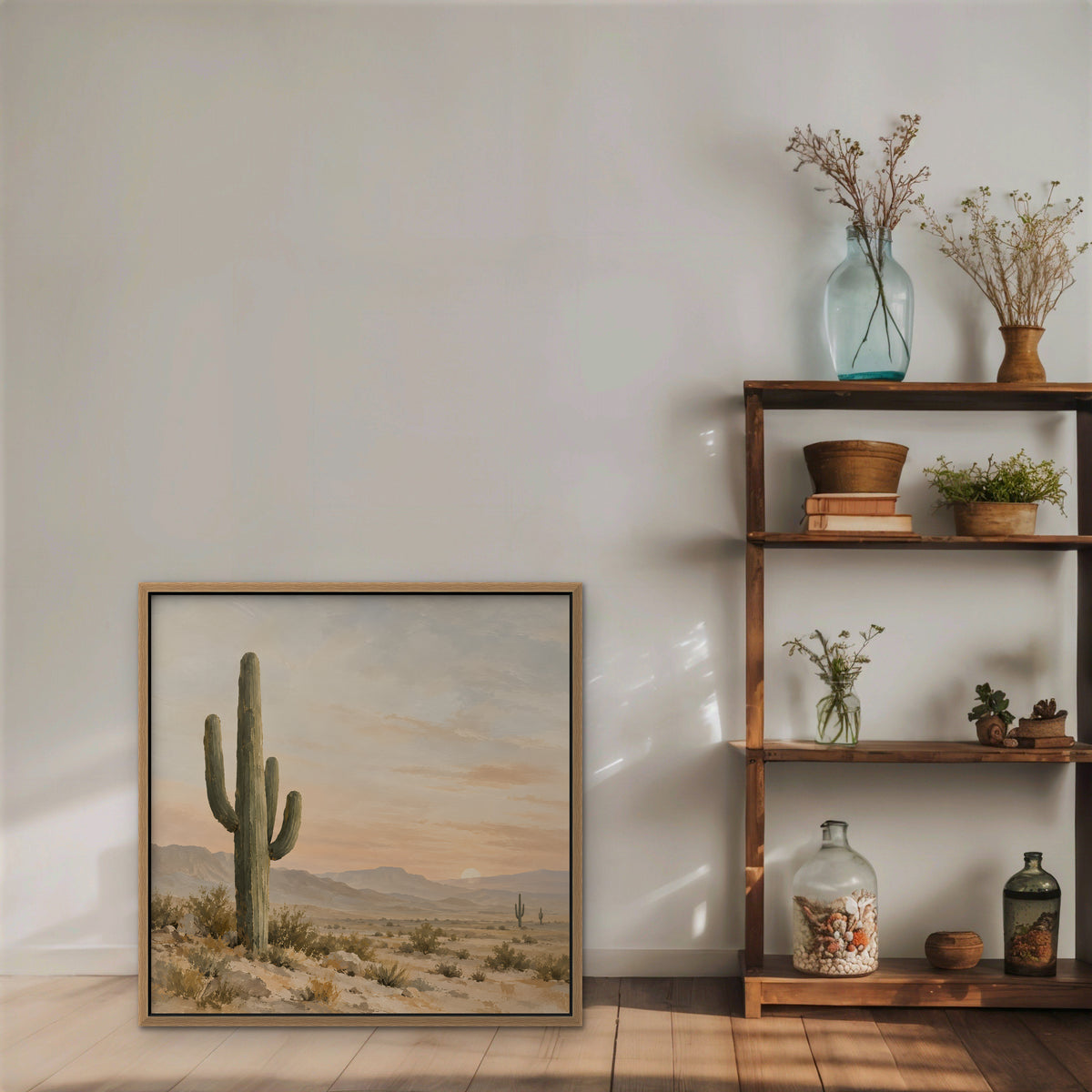 Saguaro Sunset Canvas Art - Square – Oak Floating Frame in room setting