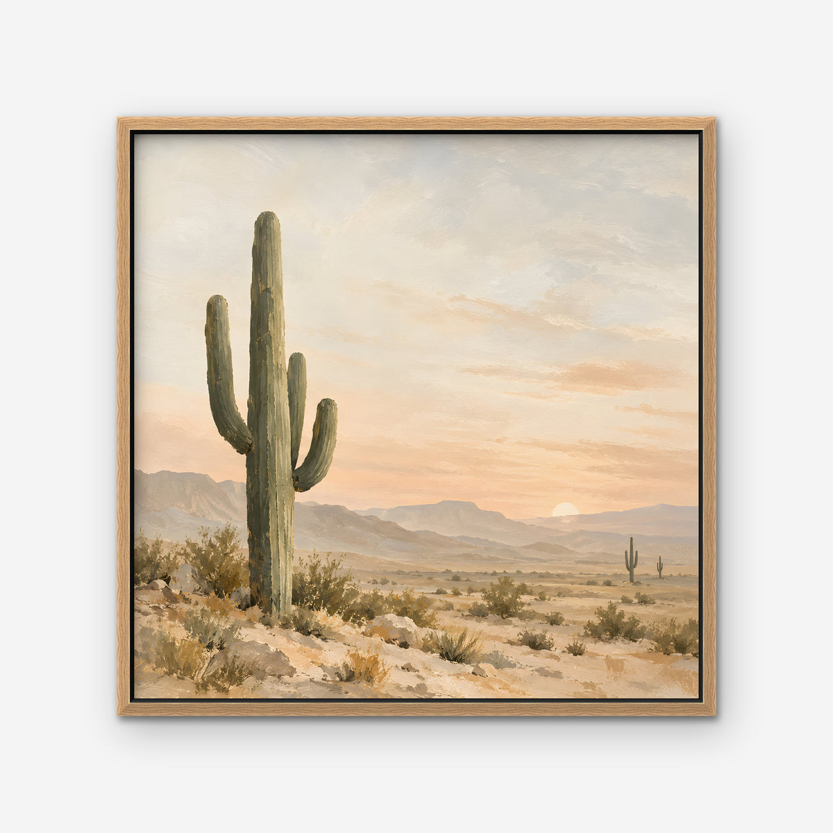 Saguaro Sunset Canvas Art - Square – Oak Floating Frame on white background