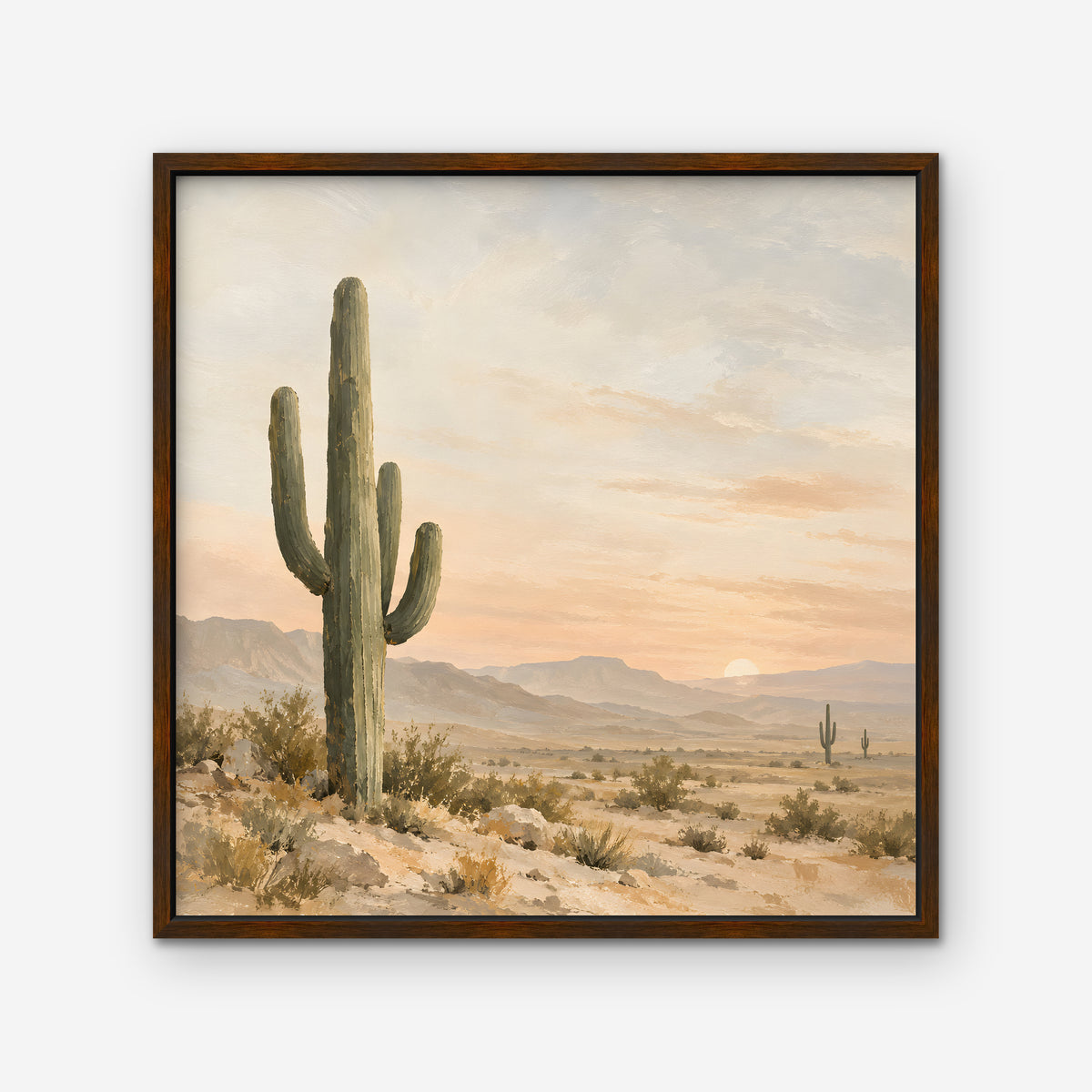Saguaro Sunset Canvas Art - Square – Walnut Floating Frame on white background