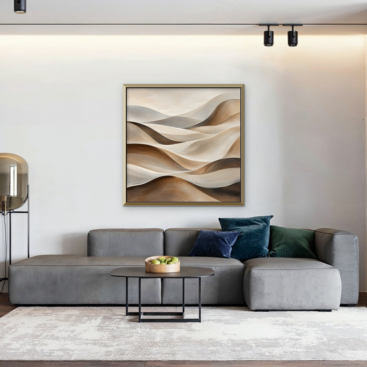 Sand Dune Waves Canvas Art - Square – Gold Floating Frame in room setting