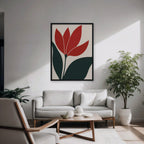 Scarlet Tulip Canvas Art - Vertical – Black Floating Frame in room setting