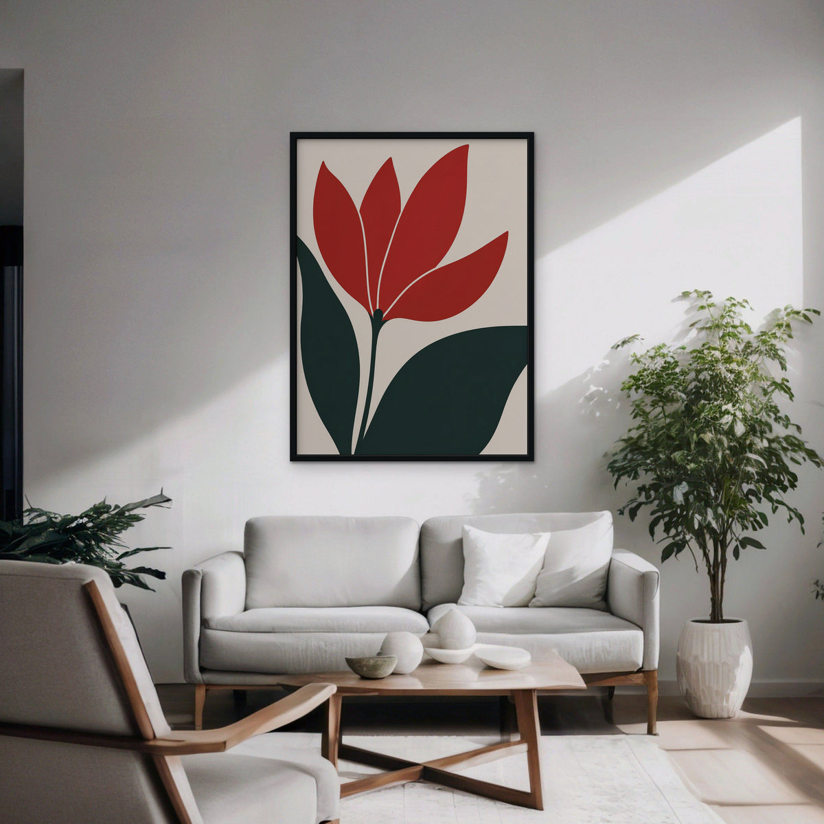 Scarlet Tulip Canvas Art - Vertical – Black Floating Frame in room setting