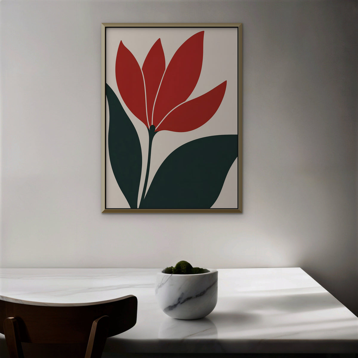 Scarlet Tulip Canvas Art - Vertical – Gold Floating Frame in room setting