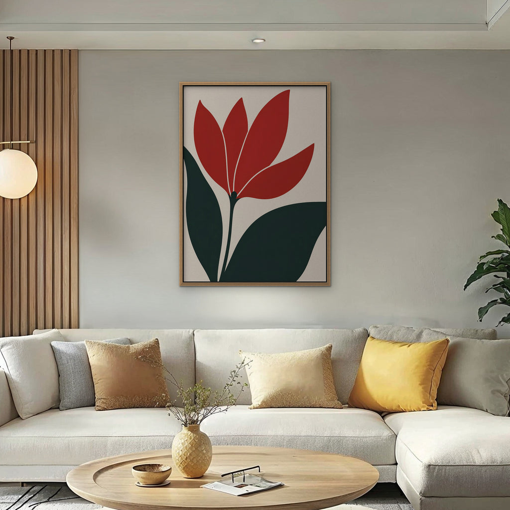 Scarlet Tulip Canvas Art - Vertical – Oak Floating Frame in room setting