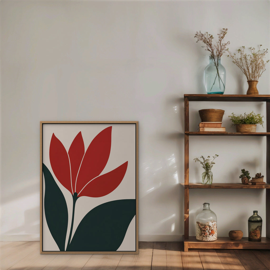 Scarlet Tulip Canvas Art - Vertical – Oak Floating Frame in room setting