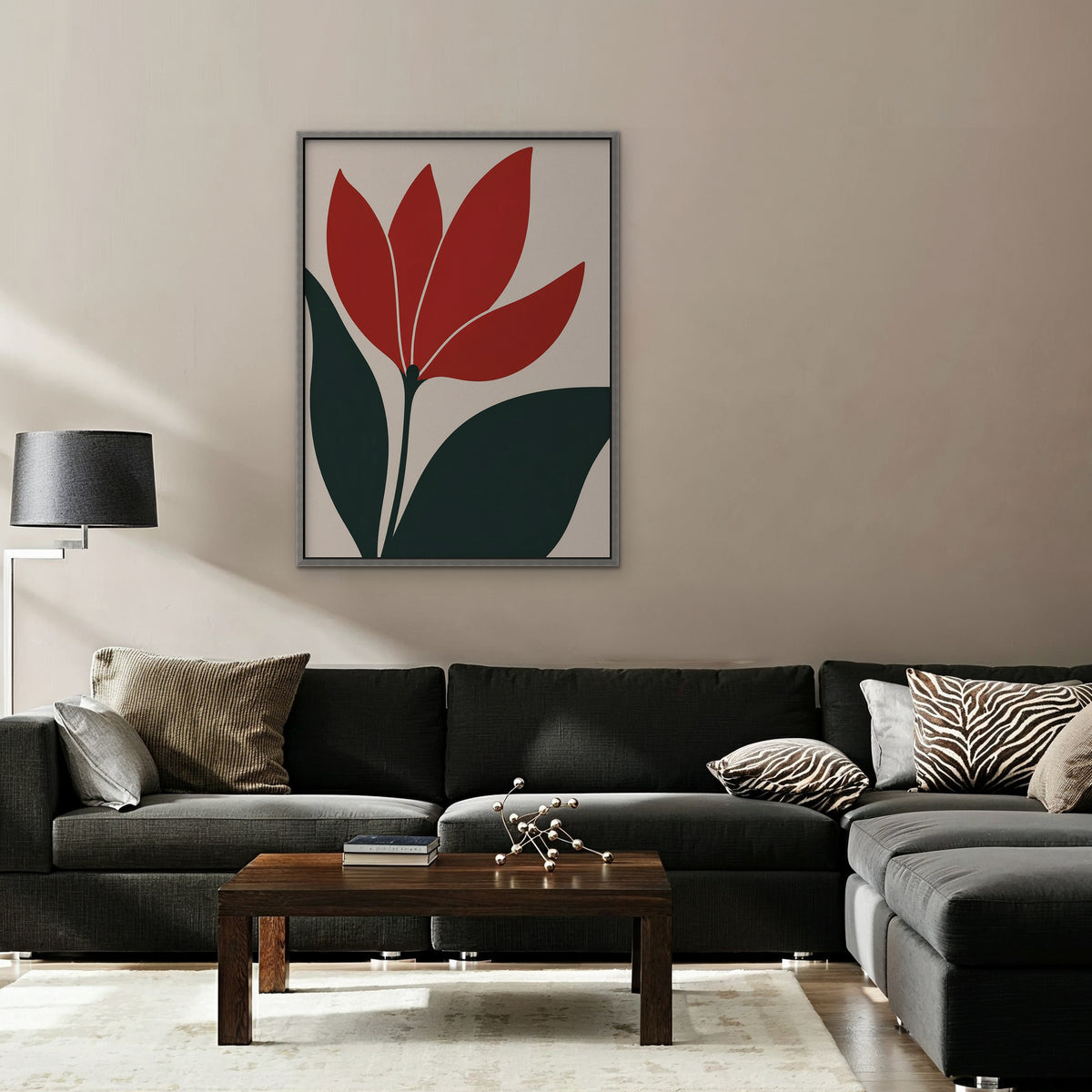 Scarlet Tulip Canvas Art - Vertical – Silver Floating Frame in room setting