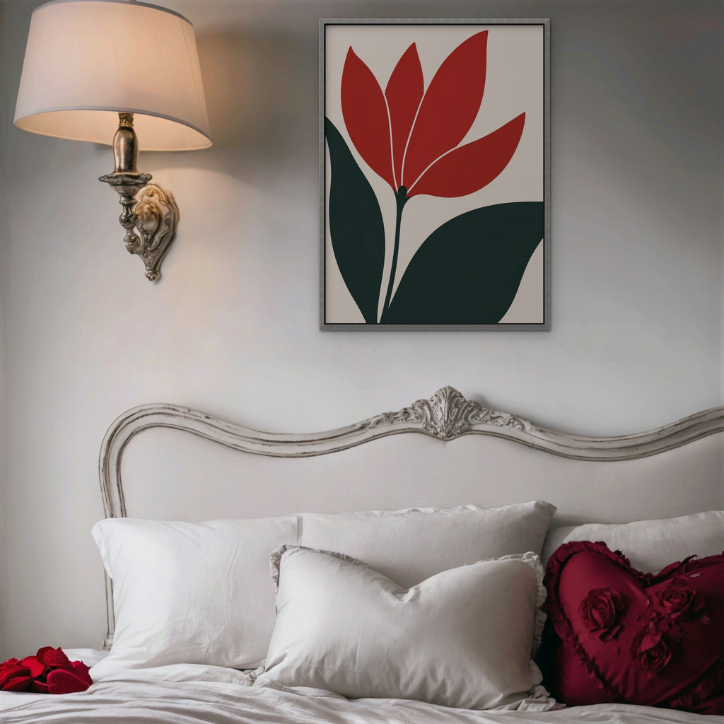 Scarlet Tulip Canvas Art - Vertical – Silver Floating Frame in room setting