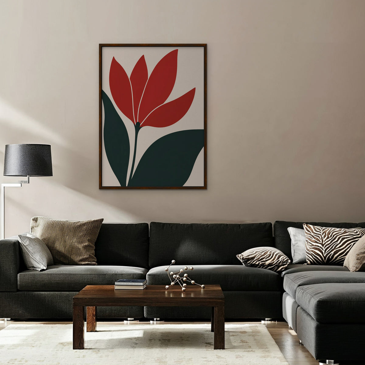 Scarlet Tulip Canvas Art - Vertical – Walnut Floating Frame in room setting