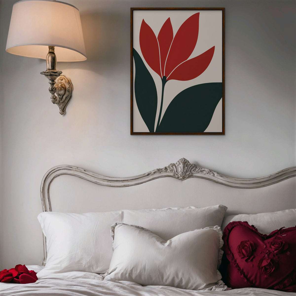 Scarlet Tulip Canvas Art - Vertical – Walnut Floating Frame in room setting