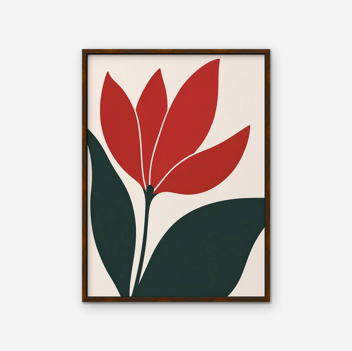 Scarlet Tulip Canvas Art - Vertical – Walnut Floating Frame on white background