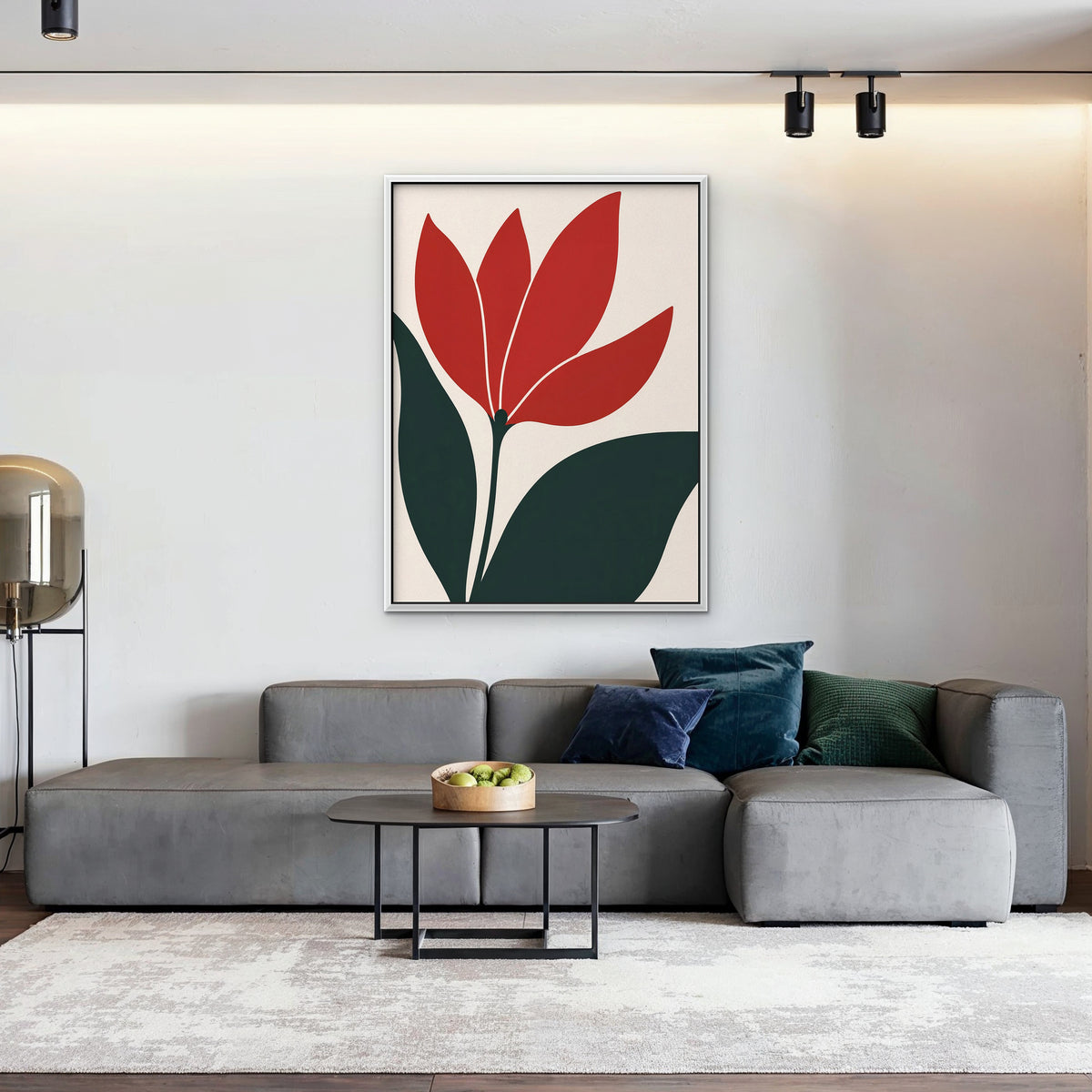 Scarlet Tulip Canvas Art - Vertical – White Floating Frame in room setting