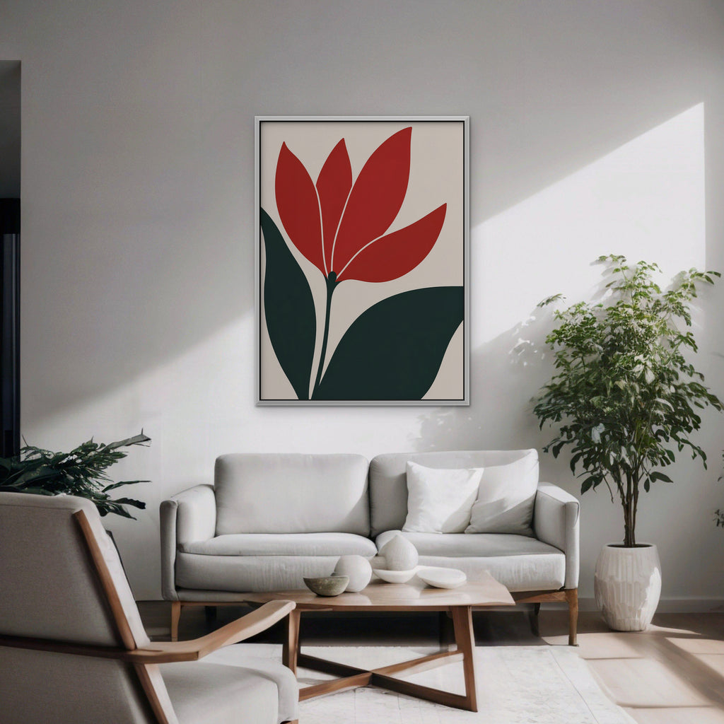 Scarlet Tulip Canvas Art - Vertical – White Floating Frame in room setting